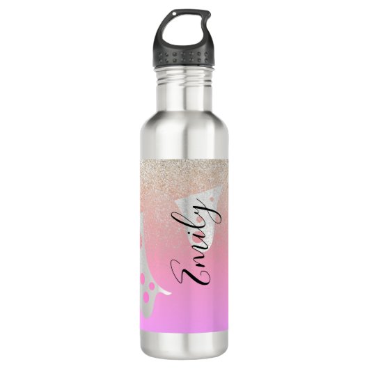 Roze druipende glitters monogram naam    waterfles  (Voorkant)