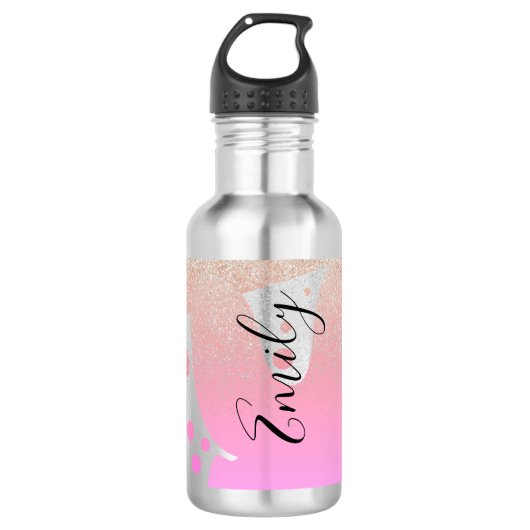 Roze druipende glitters monogram naam waterfles (Voorkant)
