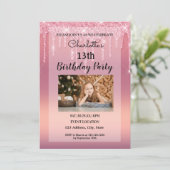 Roze druipende glitters uitnodiging (Staand voorkant)