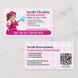 Roze Drukwasmeisje Cartoon QR Power Wash Visitekaartje