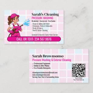 Roze Drukwasmeisje Cartoon QR Power Wash Visitekaartje