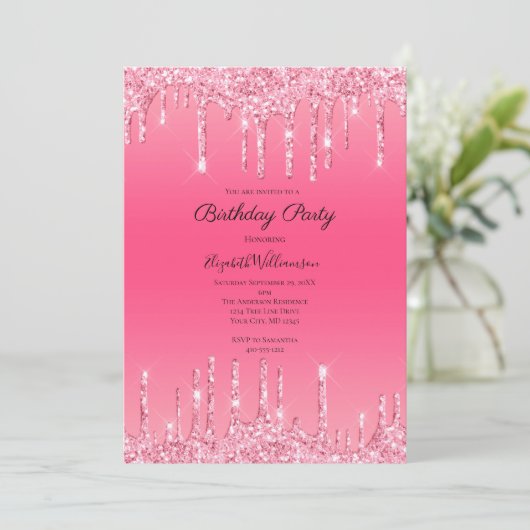 Roze druppelaar Glitter Bling Glam Trendy Birthday Kaart (Staand voorkant)