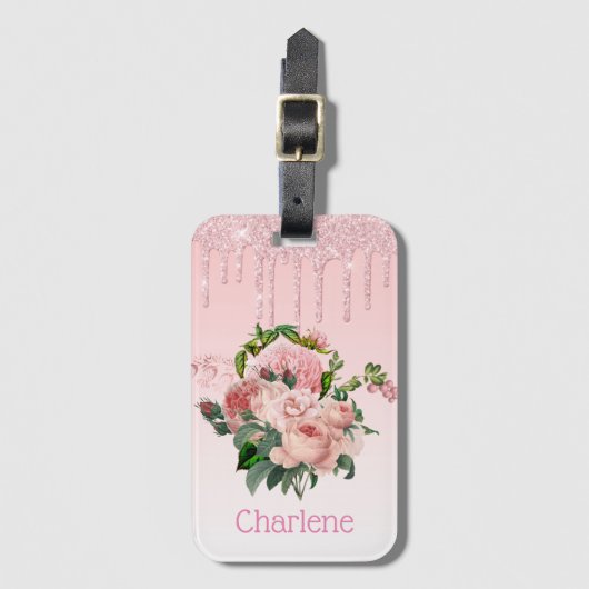 Roze druppelaar Glitter Blush Pink Floral Bouquet Bagagelabel (Voorkant (verticaal))