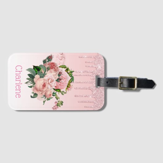 Roze druppelaar Glitter Blush Pink Floral Bouquet Bagagelabel (Voorkant (horizontaal))