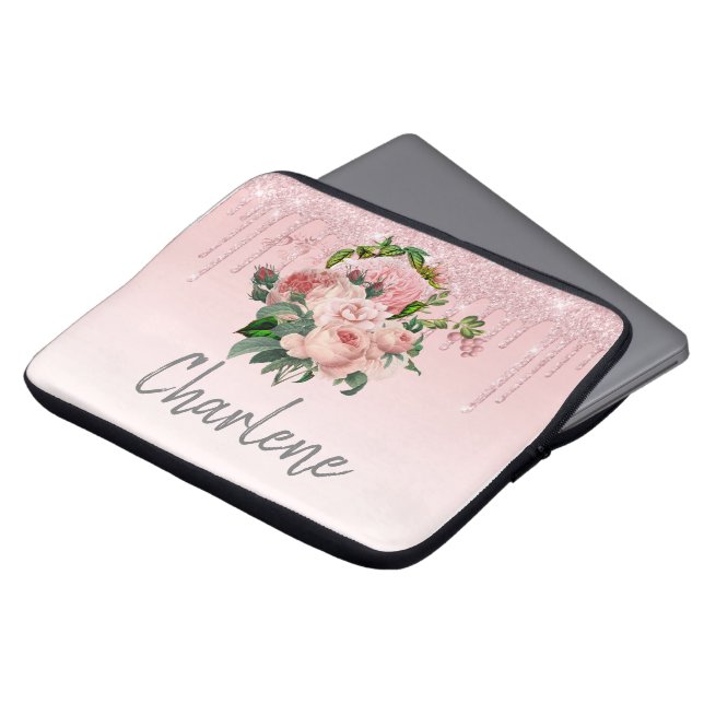 Roze druppelaar Glitter Blush Pink Floral Bouquet Laptop Sleeve (Voorkant top)