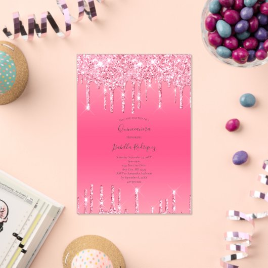 Roze druppelaar Glitter Girly Trendy Quinceanera Acryl Uitnodigingen (Insitu (Viering))