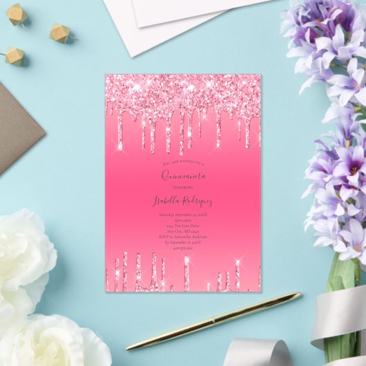 Roze druppelaar Glitter Girly Trendy Quinceanera Acryl Uitnodigingen (Insitu (Huwelijk))