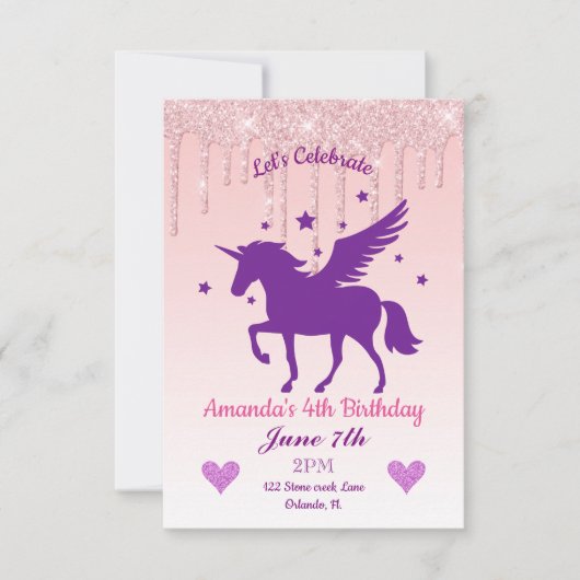 Roze druppelaar Glitter/Paarse Unicorn Birthday Kaart (Voorkant)