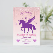 Roze druppelaar Glitter/Paarse Unicorn Birthday Kaart (Staand voorkant)
