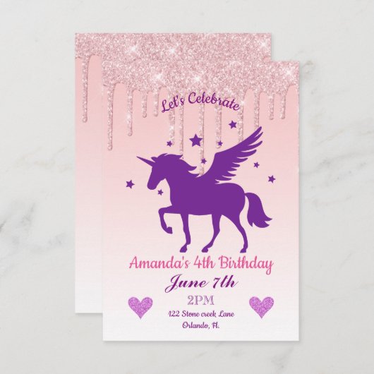 Roze druppelaar Glitter/Paarse Unicorn Birthday Kaart (Voorkant / Achterkant)