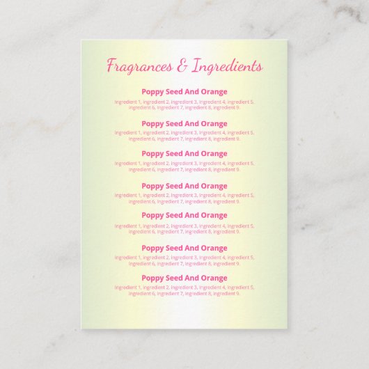 Roze druppelaar Glitter Soap Fragrance Ingrediënte Visitekaartje (Achterkant)