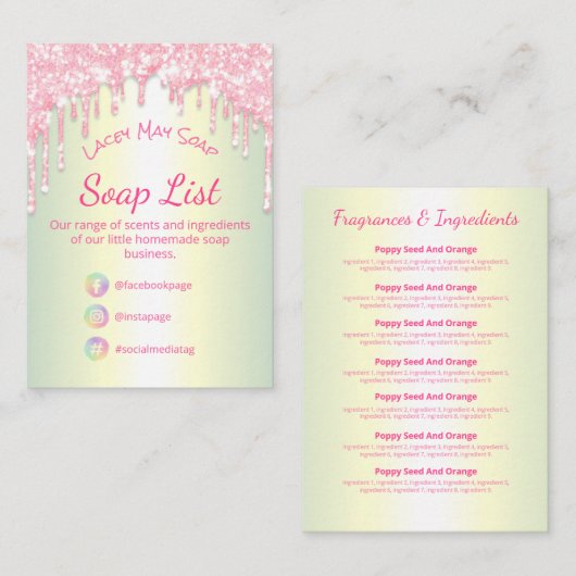Roze druppelaar Glitter Soap Fragrance Ingrediënte Visitekaartje (Voorkant / Achterkant)