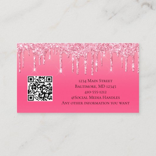 Roze Druppelende Glitter QR code Haarsalon Nagels Visitekaartje (Achterkant)