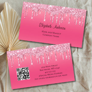 Roze Druppelende Glitter QR code Haarsalon Nagels Visitekaartje