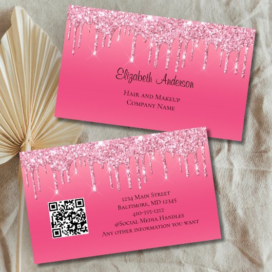Roze Druppelende Glitter QR code Haarsalon Nagels Visitekaartje