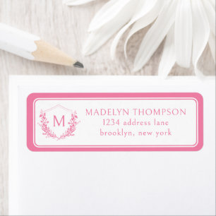 Roze dubbele rand bloemenkroon monogram adres etiket