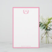 Roze Dubbele Rand Bloemkam Classic Monogram Briefpapier (Staand voorkant)