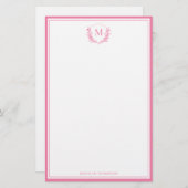Roze Dubbele Rand Bloemkam Classic Monogram Briefpapier (Voorkant / Achterkant)