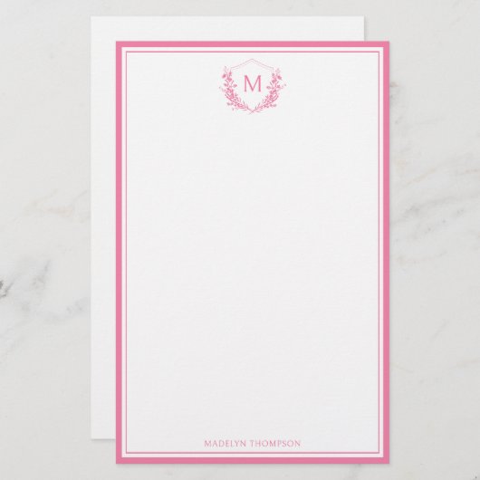 Roze Dubbele Rand Bloemkam Classic Monogram Briefpapier (Voorkant / Achterkant)