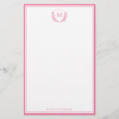 Roze Dubbele Rand Bloemkam Classic Monogram Briefpapier (Voorkant)
