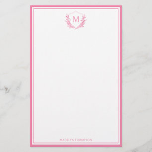 Roze Dubbele Rand Bloemkam Classic Monogram Briefpapier