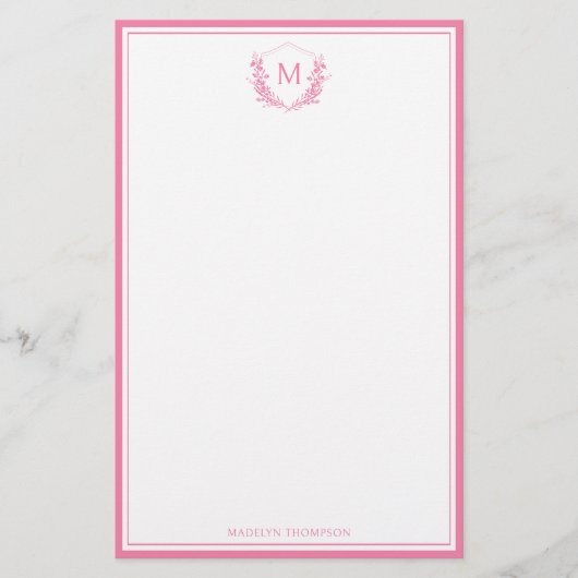 Roze Dubbele Rand Bloemkam Classic Monogram Briefpapier (Voorkant)