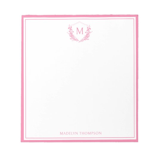 Roze Dubbele Rand Bloemkam Classic Monogram Notitieblok (Voorkant)