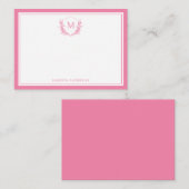 Roze Dubbele Rand Bloemkam Classic Monogram Notitiekaartje (Voorkant / Achterkant)