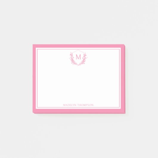 Roze Dubbele Rand Bloemkam Classic Monogram Post-it® Notes (Voorkant)