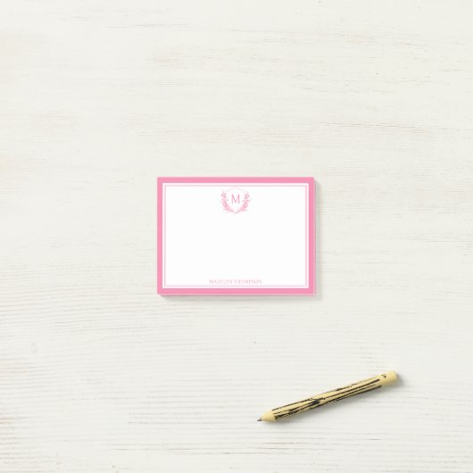 Roze Dubbele Rand Bloemkam Classic Monogram Post-it® Notes (Op bureau)