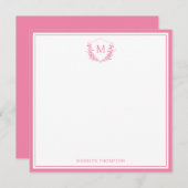 Roze Dubbele Rand Bloemkam Monogram Vierkant Notitiekaartje (Voorkant / Achterkant)