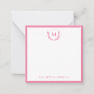 Roze Dubbele Rand Bloemkam Monogram Vierkant Notitiekaartje