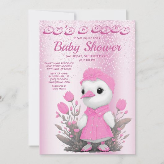 Roze Duck Meisje Baby shower Invitation Kaart (Voorkant)
