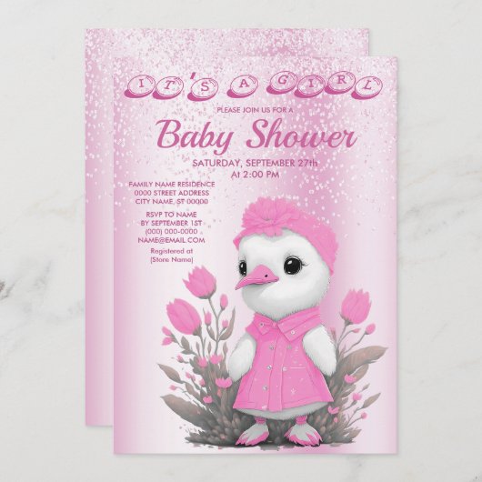 Roze Duck Meisje Baby shower Invitation Kaart (Voorkant / Achterkant)