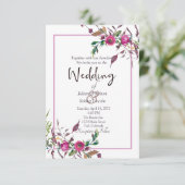 Roze, dunne, florale trouwuitnodiging kaart (Staand voorkant)