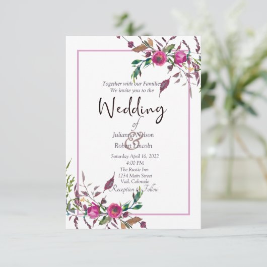 Roze, dunne, florale trouwuitnodiging kaart (Staand voorkant)