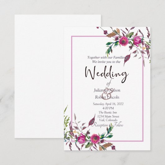 Roze, dunne, florale trouwuitnodiging kaart (Voorkant / Achterkant)
