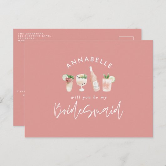 Roze, dunne waterverf geschilderde drinken bruidsm uitnodiging briefkaart (Voorkant / Achterkant)