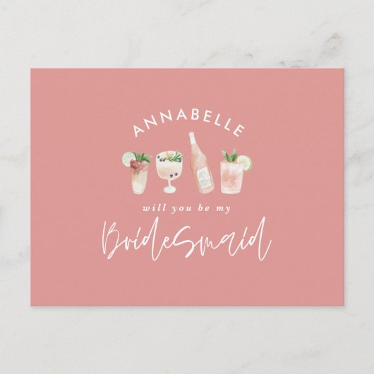Roze, dunne waterverf geschilderde drinken bruidsm uitnodiging briefkaart (Voorkant)