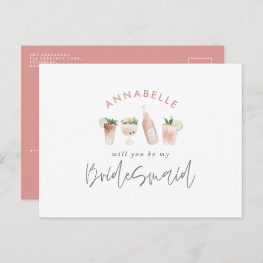 Roze, dunne waterverf geschilderde drinken bruidsm uitnodiging briefkaart (Voorkant / Achterkant)