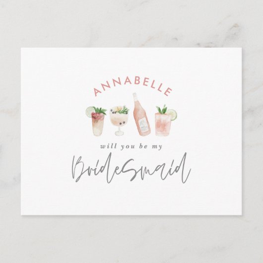 Roze, dunne waterverf geschilderde drinken bruidsm uitnodiging briefkaart (Voorkant)
