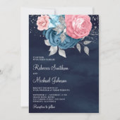 Roze Dusty Blue Floral Alles in één Navy Wedding Kaart (Voorkant)