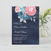 Roze Dusty Blue Floral Alles in één Navy Wedding Kaart (Staand voorkant)