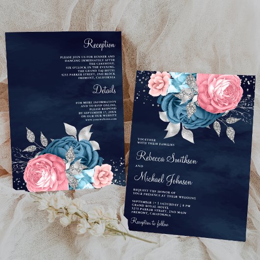 Roze Dusty Blue Floral Alles in één Navy Wedding Kaart