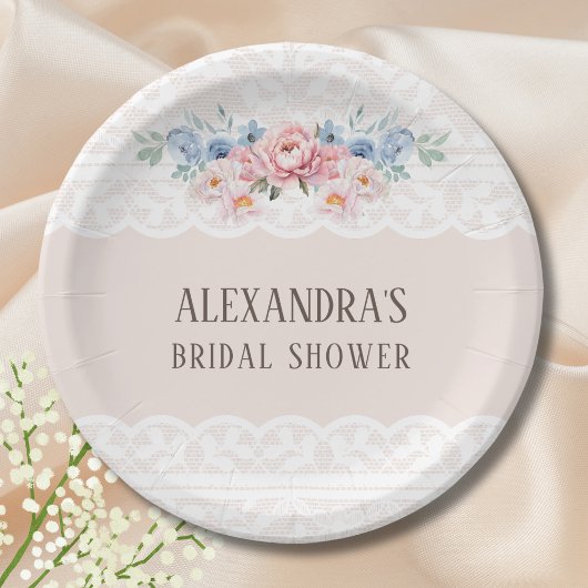 Roze Dusty Blue Floral  Lace Vrijgezellenfeest Papieren Bordje