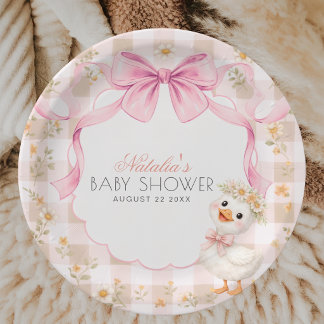 Roze Dwaas Ganzengingham Madeliefjes Baby Shower Papieren Bordje