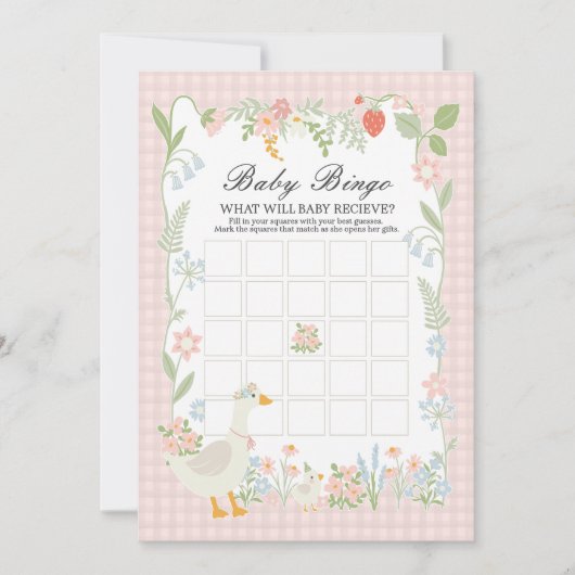 Roze Dwaze Gans Bloem Gingham Baby Bingo Spel Kaart (Voorkant)