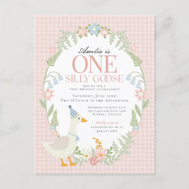 Roze Dwaze Gans Bloemengingham Eerste Verjaardag Briefkaart