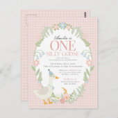 Roze Dwaze Gans Bloemengingham Eerste Verjaardag Briefkaart (Voorkant / Achterkant)