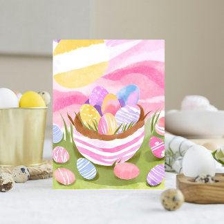 Roze Easter Egg Basket | pastelkleurige Waterverf Feestdagenkaart